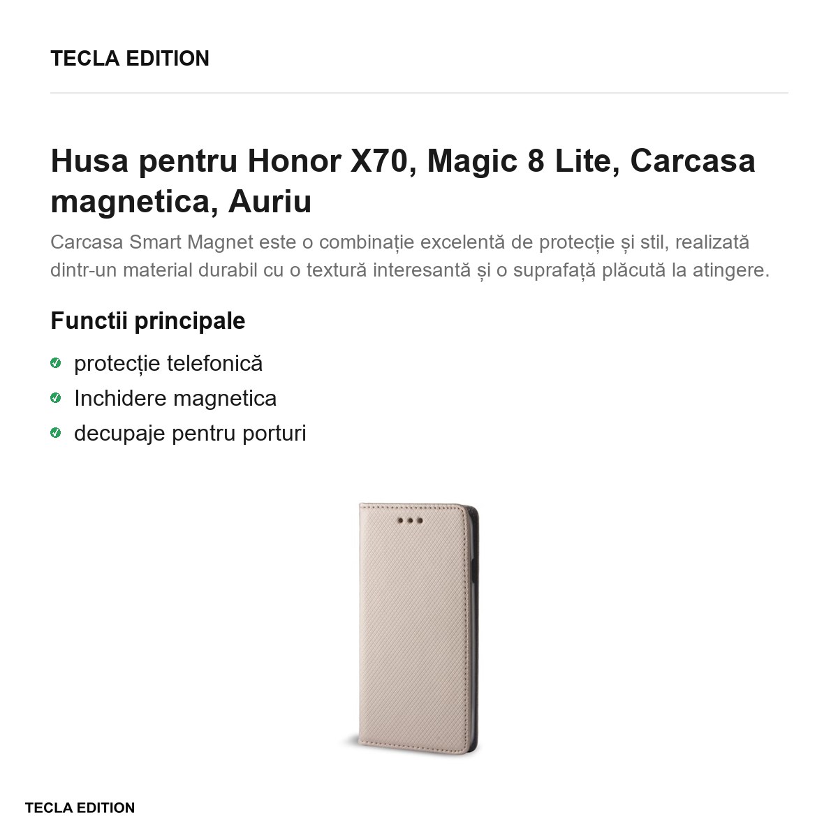 Husa Smart Magnet pentru Honor X70, Magic 8 Lite, tip carte cu inchidere magnetica, Auriu [2]