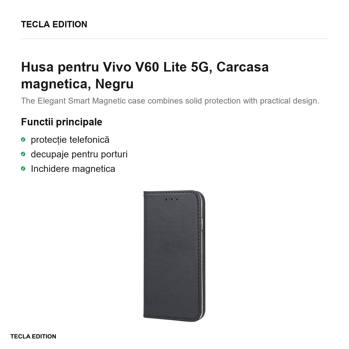 Husa Smart Magnetic pentru Vivo V60 Lite 5G, tip carte cu inchidere magnetica, Negru [2]