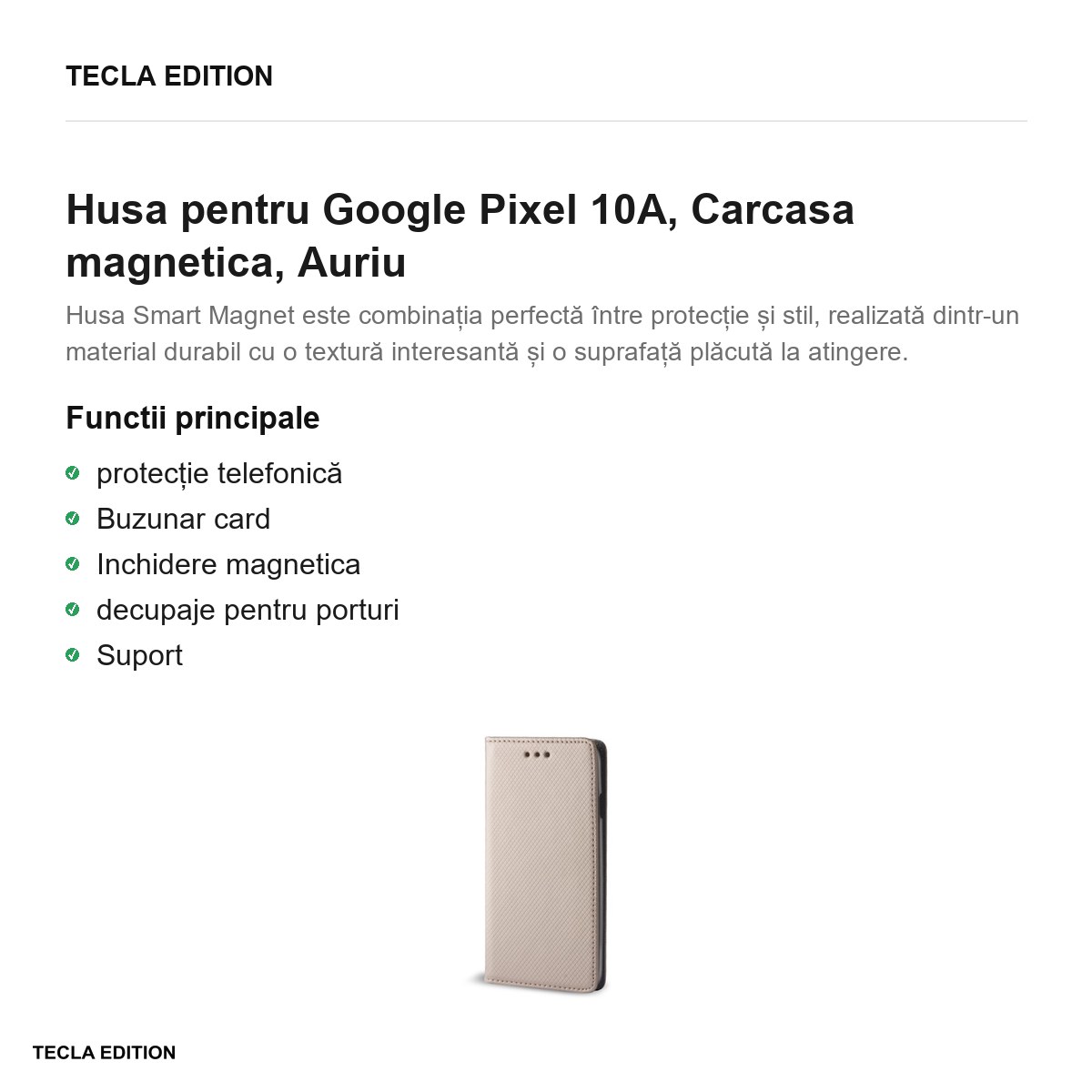 Husa Smart Magnet pentru Google Pixel 10A, tip carte cu inchidere magnetica, Auriu [2]