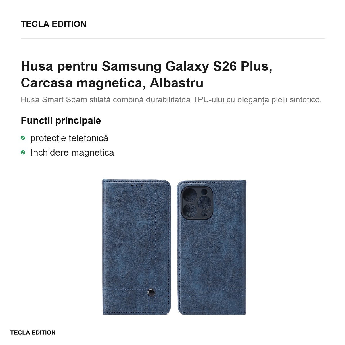 Husa Smart Seam pentru Samsung Galaxy S26 Plus, tip carte cu inchidere magnetica, Albastru [2]