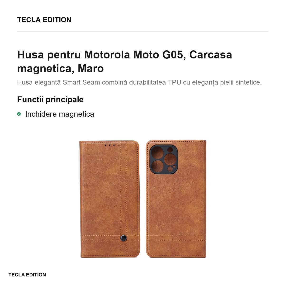 Husa Smart Seam pentru Motorola Moto G05, tip carte cu inchidere magnetica, Maro [2]