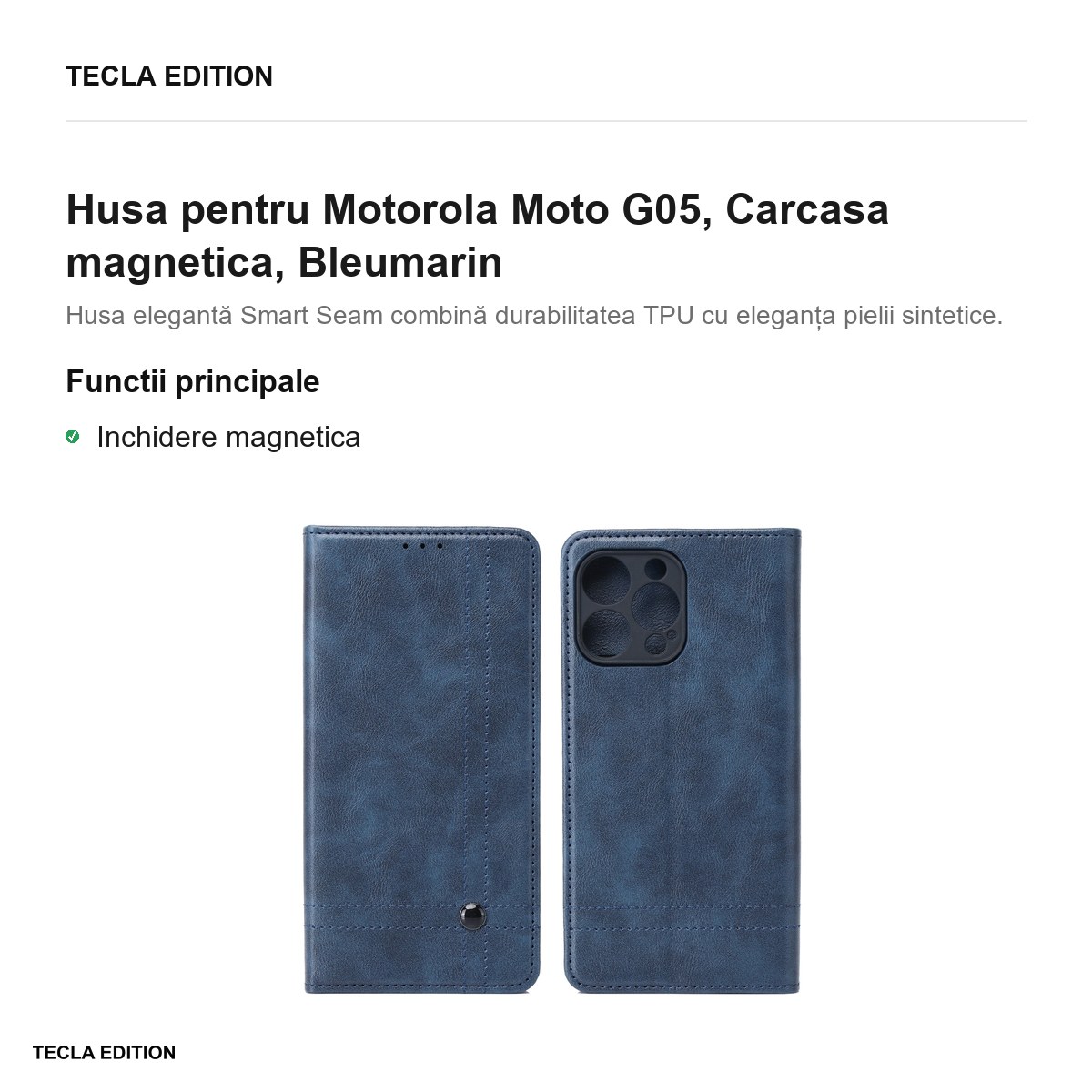 Husa Smart Seam pentru Motorola Moto G05, tip carte cu inchidere magnetica, Bleumarin [2]