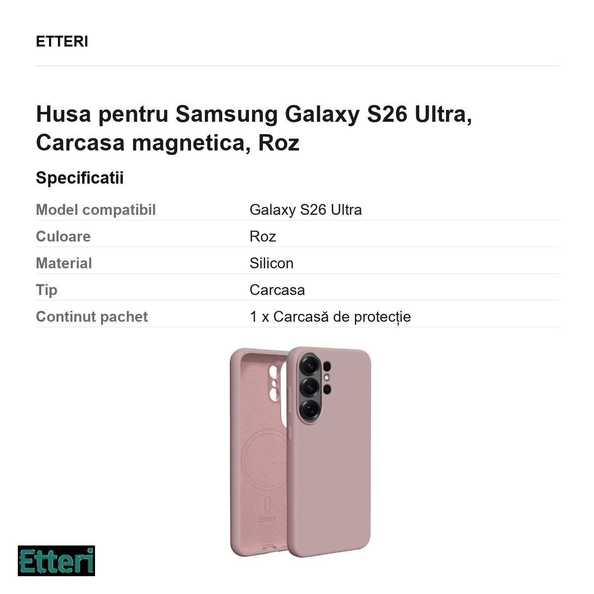Husa Etteri Silicone Mag pentru Samsung Galaxy S26 Ultra, Carcasa magnetica, Roz [3]