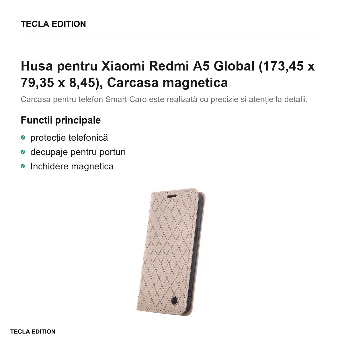 Husa Smart Caro pentru Xiaomi Redmi A5 Global, tip carte cu inchidere magnetica, Bej [2]