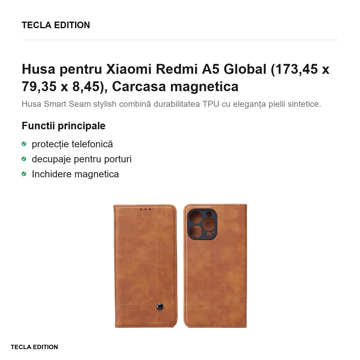 Husa Smart Seam pentru Xiaomi Redmi A5 Global, tip carte cu inchidere magnetica, Maro [2]