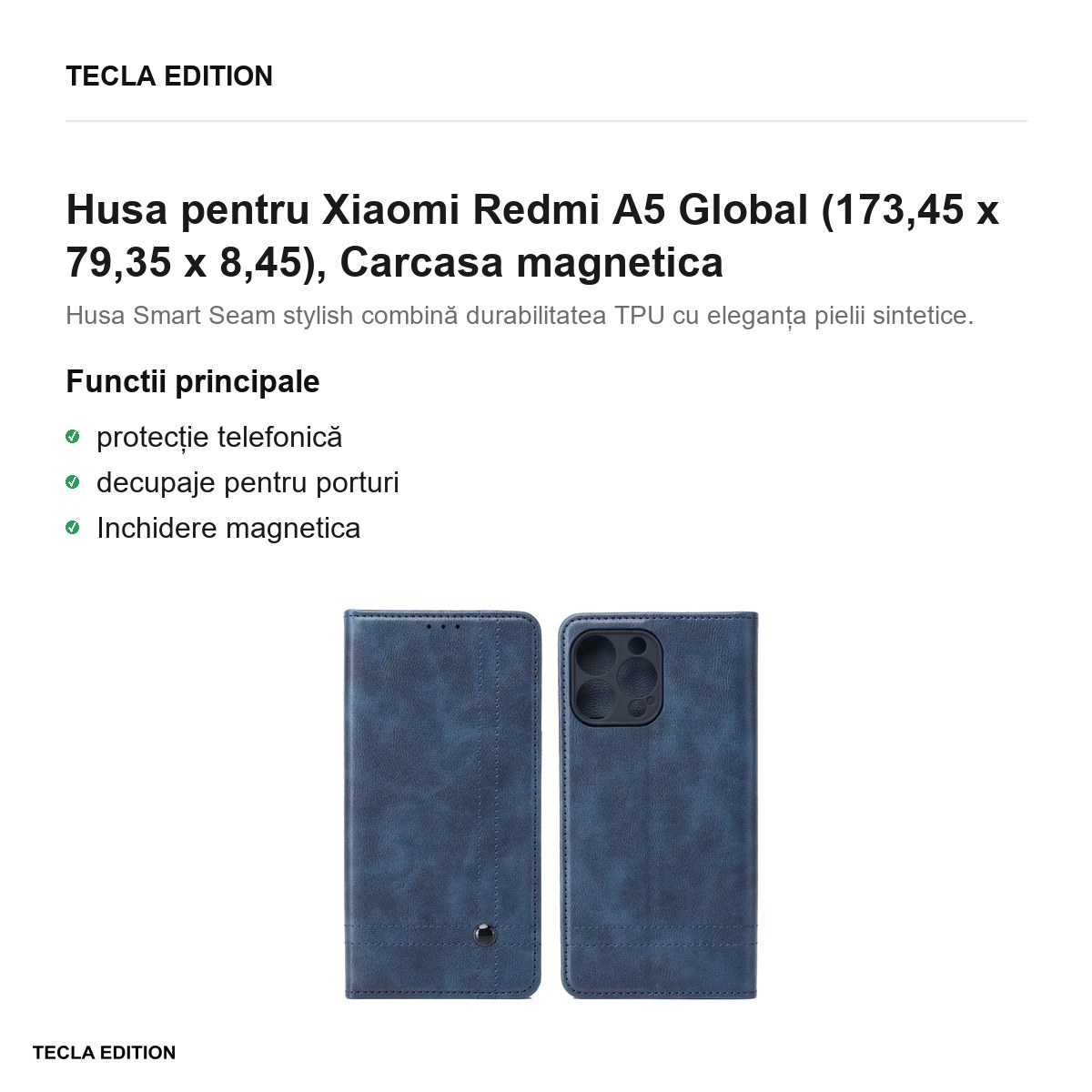 Husa Smart Seam pentru Xiaomi Redmi A5 Global, tip carte cu inchidere magnetica, Albastru [2]