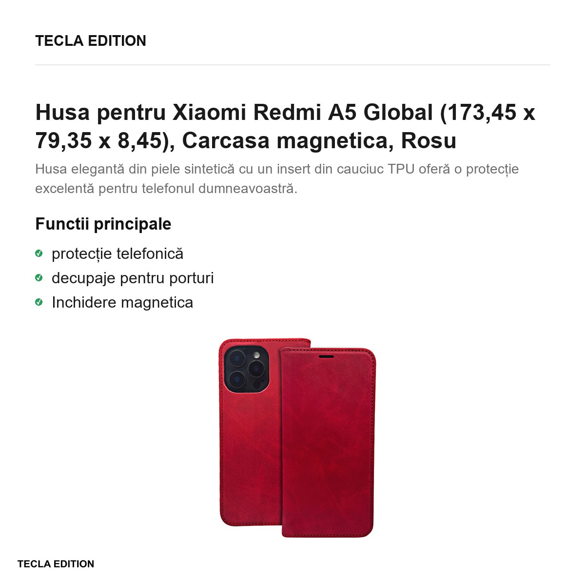 Husa Smart Suede pentru Xiaomi Redmi A5 Global, tip carte cu inchidere magnetica, Rosu [2]