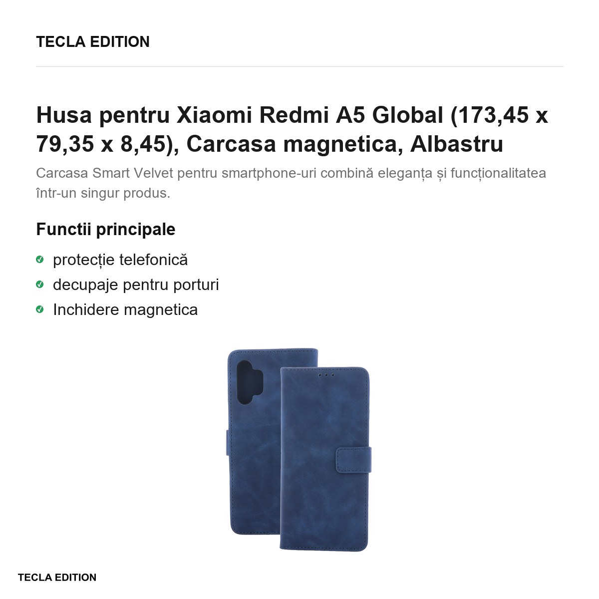 Husa Smart Velvet pentru Xiaomi Redmi A5 Global, tip carte cu inchidere magnetica, Albastru [2]