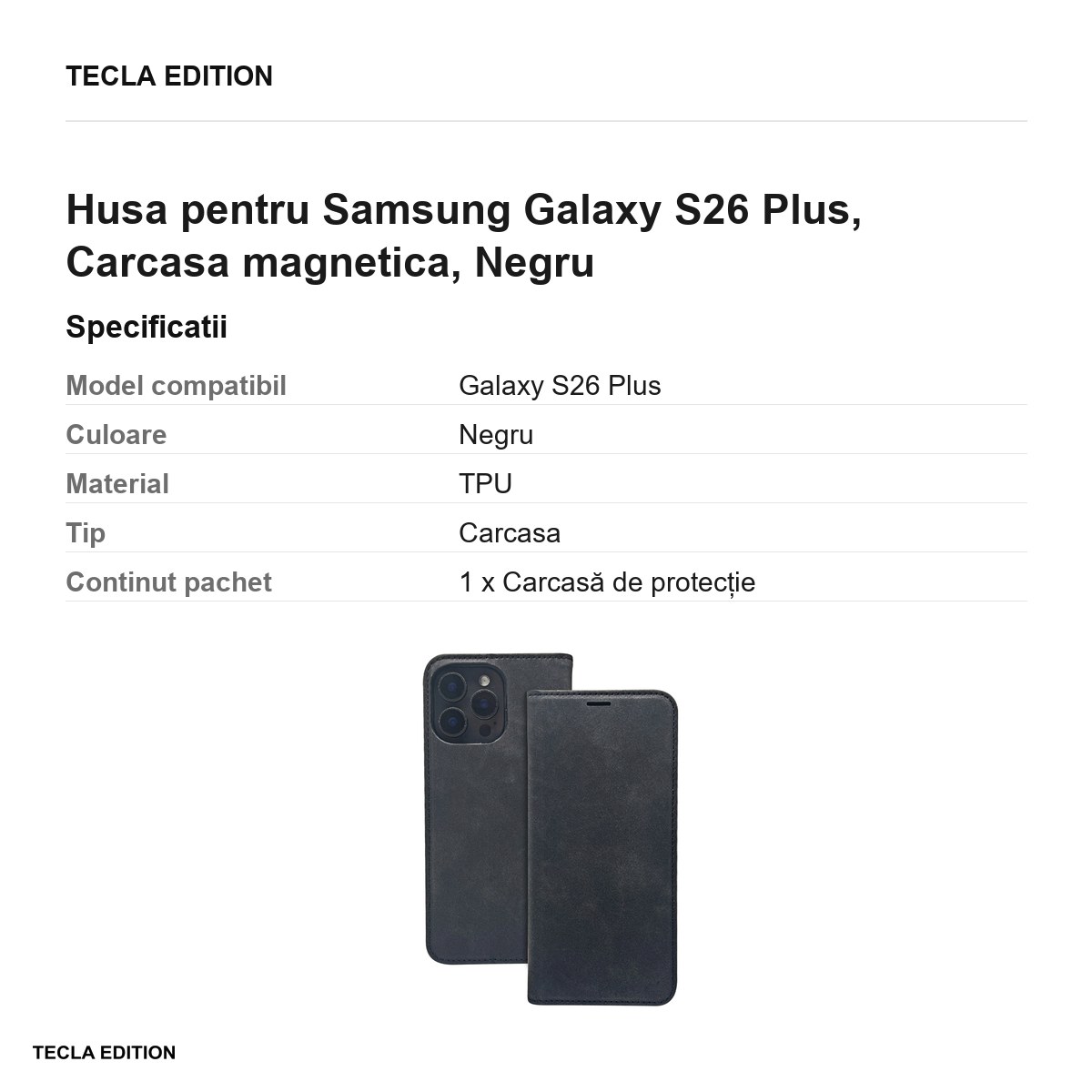 Husa Smart Suede pentru Samsung Galaxy S26 Plus, tip carte cu inchidere magnetica, Negru [3]