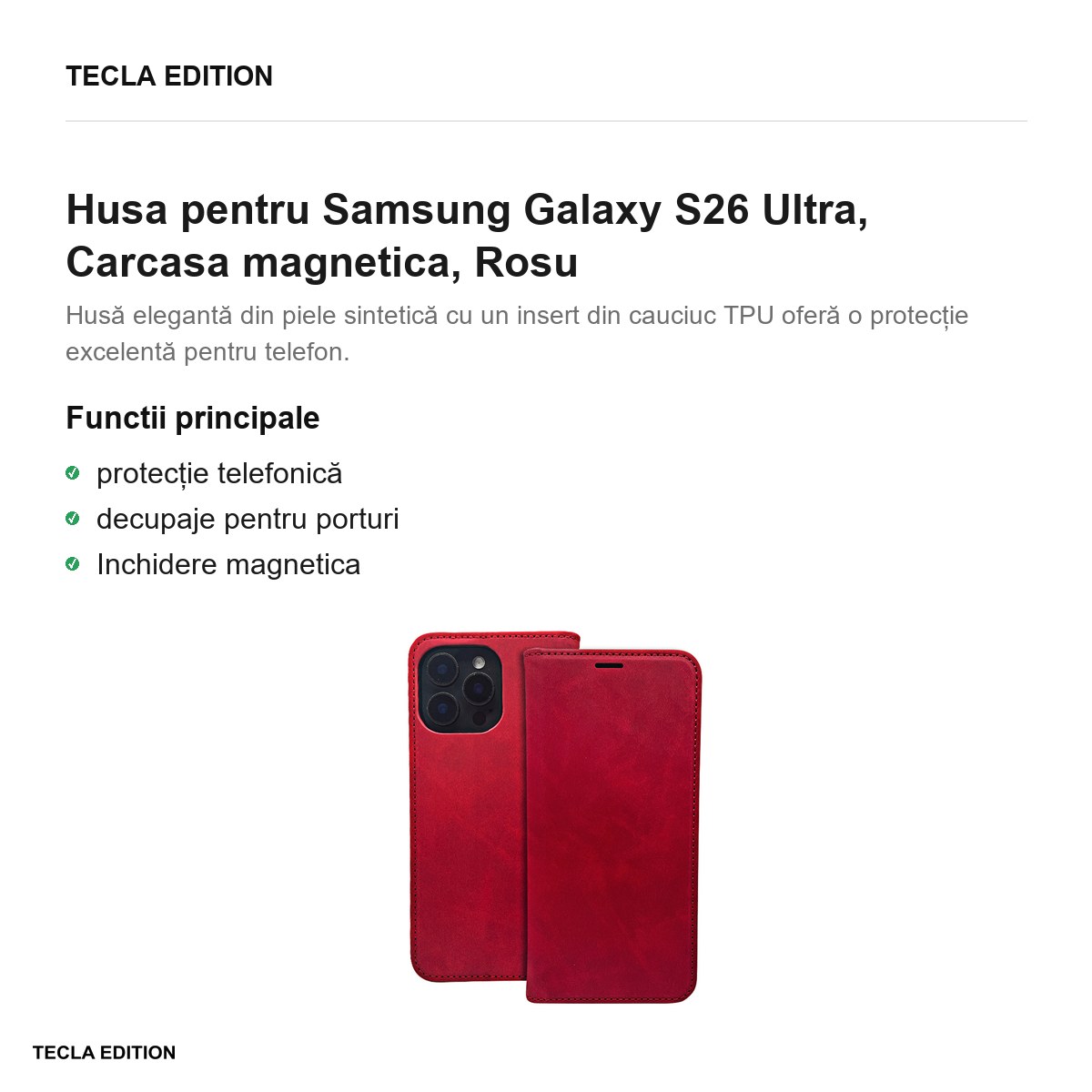 Husa Smart Suede pentru Samsung Galaxy S26 Ultra, tip carte cu inchidere magnetica, Rosu [2]
