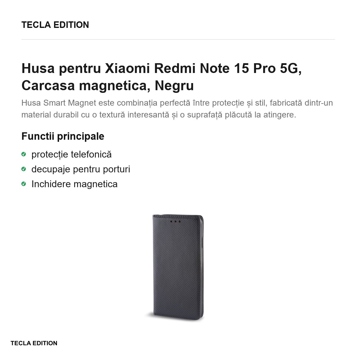 Husa Smart Magnet pentru Xiaomi Redmi Note 15 Pro 5G, tip carte cu inchidere magnetica, Negru [2]