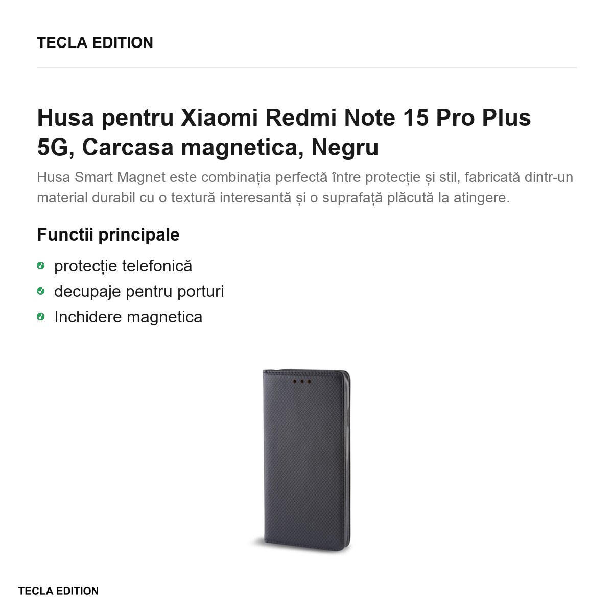 Husa Smart Magnet pentru Xiaomi Redmi Note 15 Pro Plus 5G, tip carte cu inchidere magnetica, Negru [2]