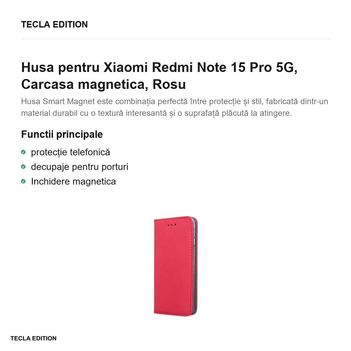Husa Smart Magnet pentru Xiaomi Redmi Note 15 Pro 5G, tip carte cu inchidere magnetica, Rosu [2]