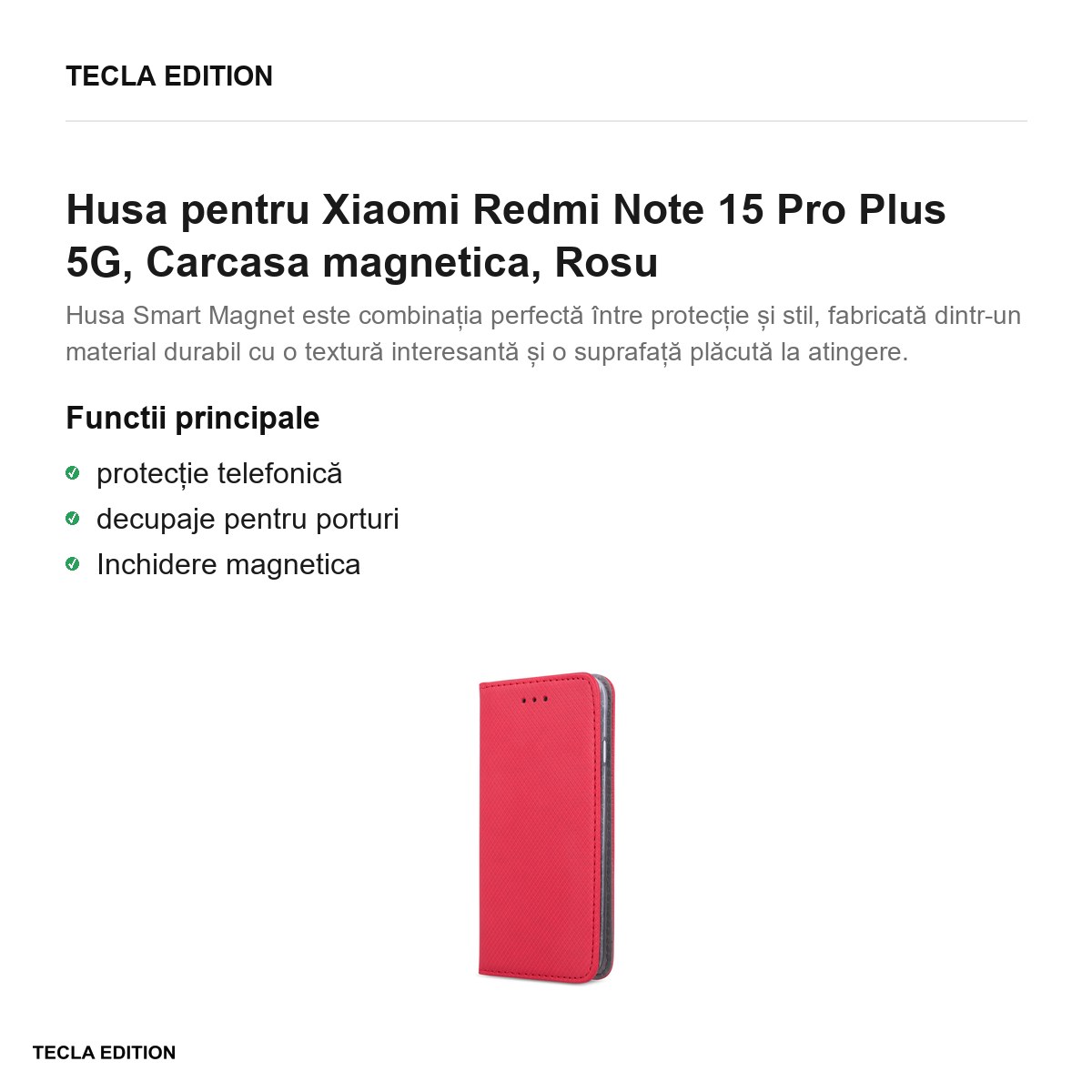 Husa Smart Magnet pentru Xiaomi Redmi Note 15 Pro Plus 5G, tip carte cu inchidere magnetica, Rosu [2]