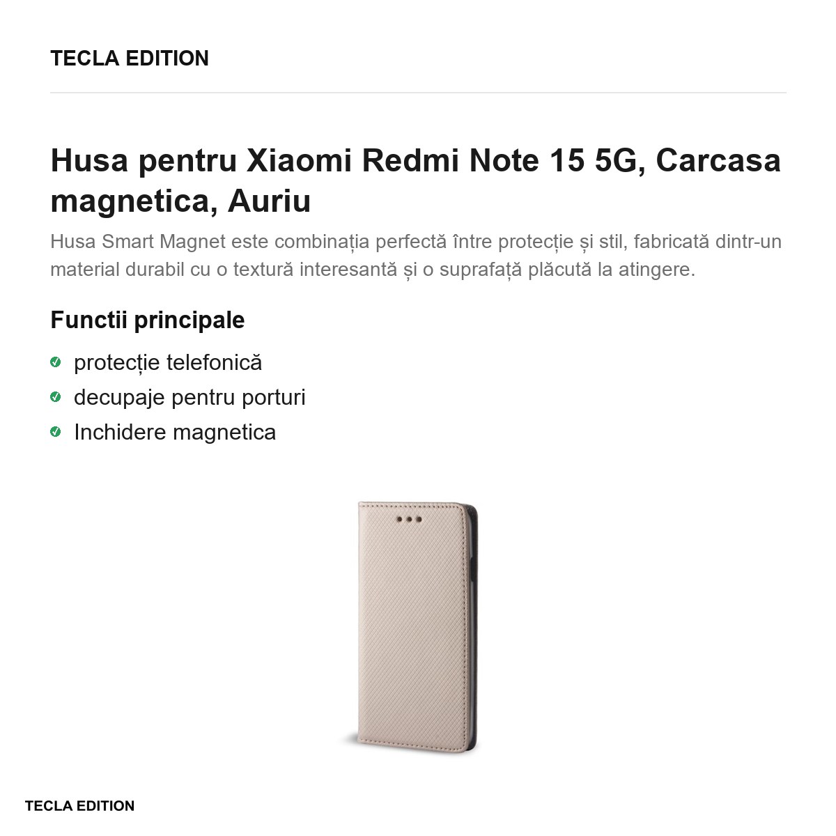 Husa Smart Magnet pentru Xiaomi Redmi Note 15 5G, tip carte cu inchidere magnetica, Auriu [2]
