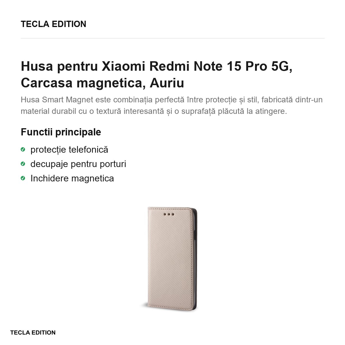 Husa Smart Magnet pentru Xiaomi Redmi Note 15 Pro 5G, tip carte cu inchidere magnetica, Auriu [2]