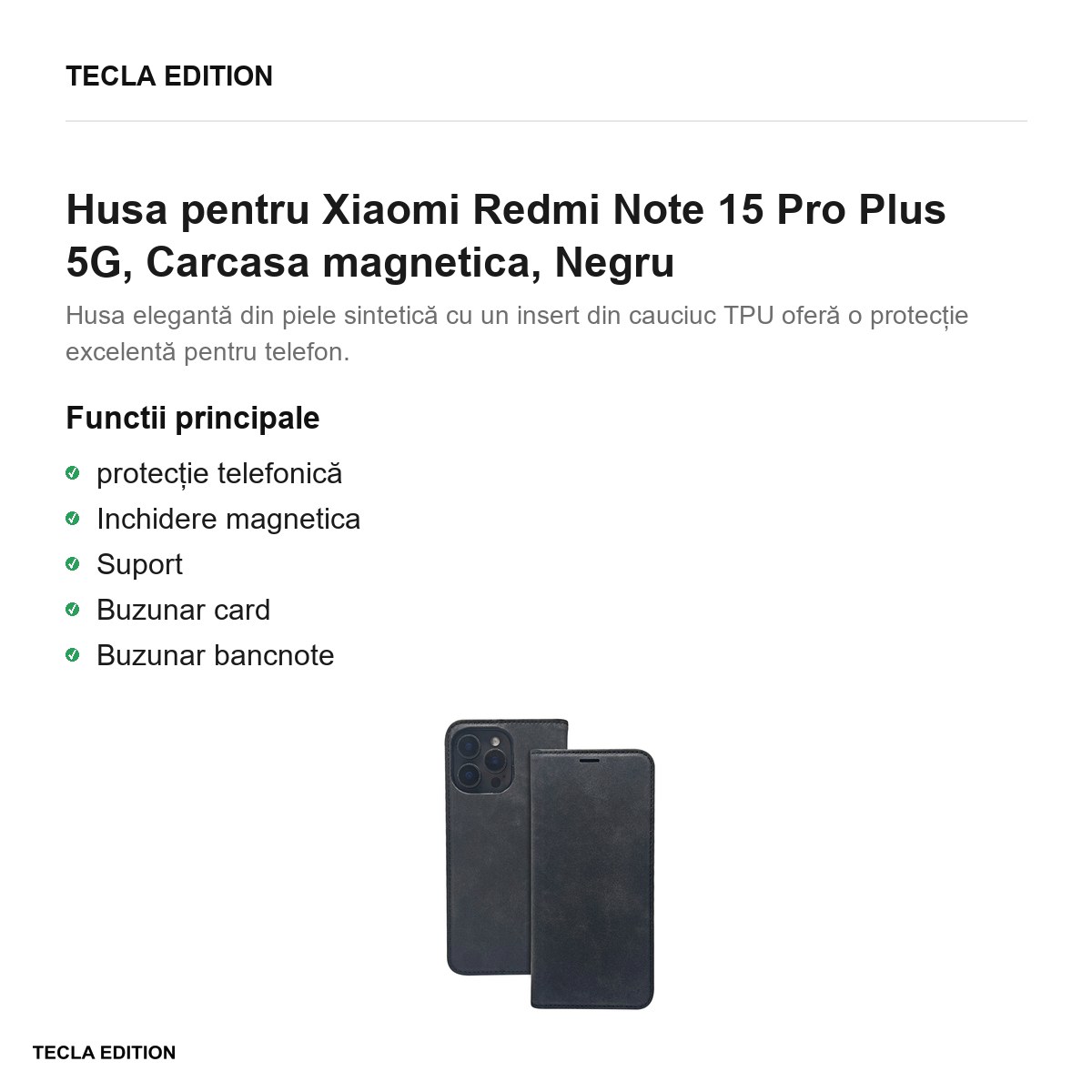 Husa Smart Suede pentru Xiaomi Redmi Note 15 Pro Plus 5G, tip carte cu inchidere magnetica, Negru [2]