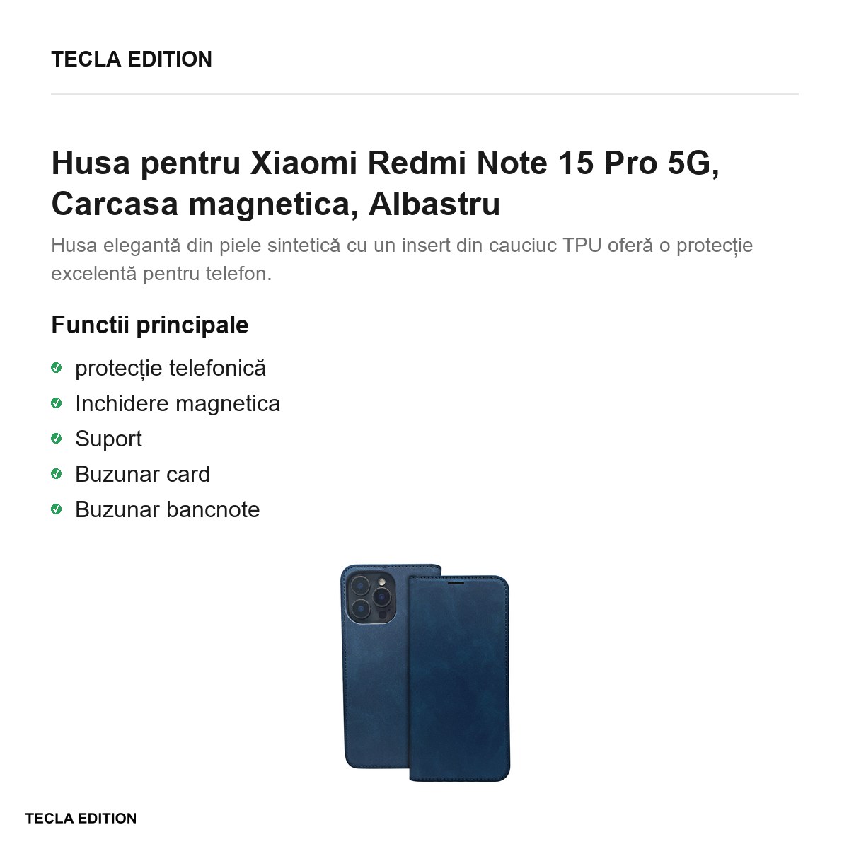 Husa Smart Suede pentru Xiaomi Redmi Note 15 Pro 5G, tip carte cu inchidere magnetica, Albastru [2]