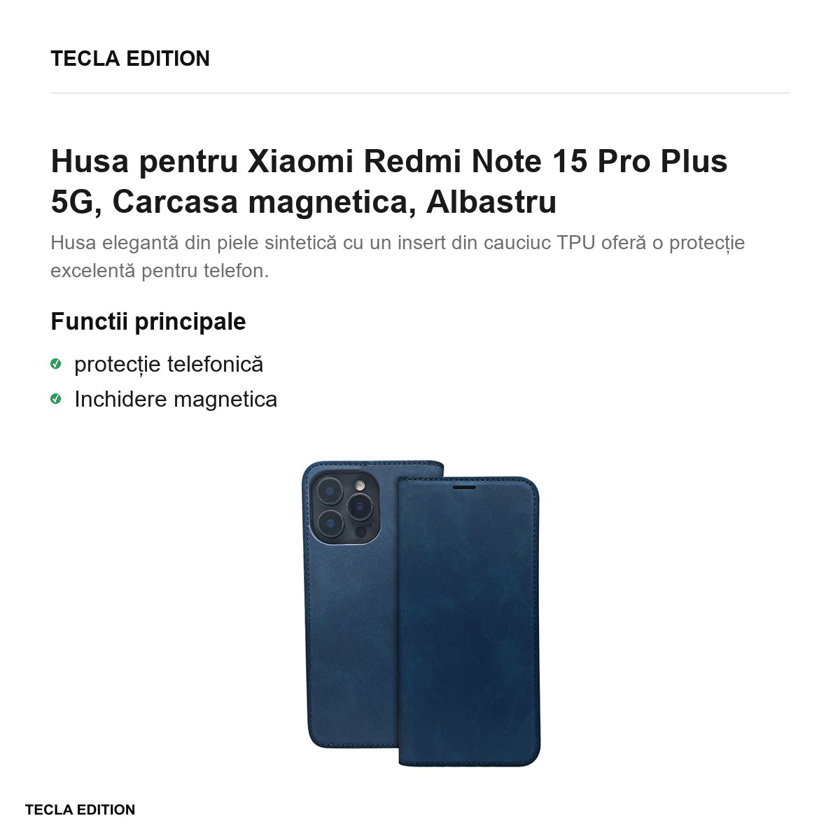 Husa Smart Suede pentru Xiaomi Redmi Note 15 Pro Plus 5G, tip carte cu inchidere magnetica, Albastru [2]