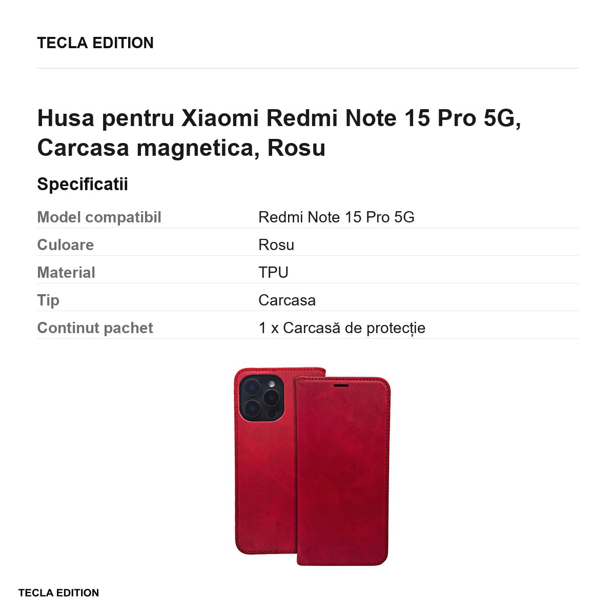 Husa Smart Suede pentru Xiaomi Redmi Note 15 Pro 5G, tip carte cu inchidere magnetica, Rosu [3]