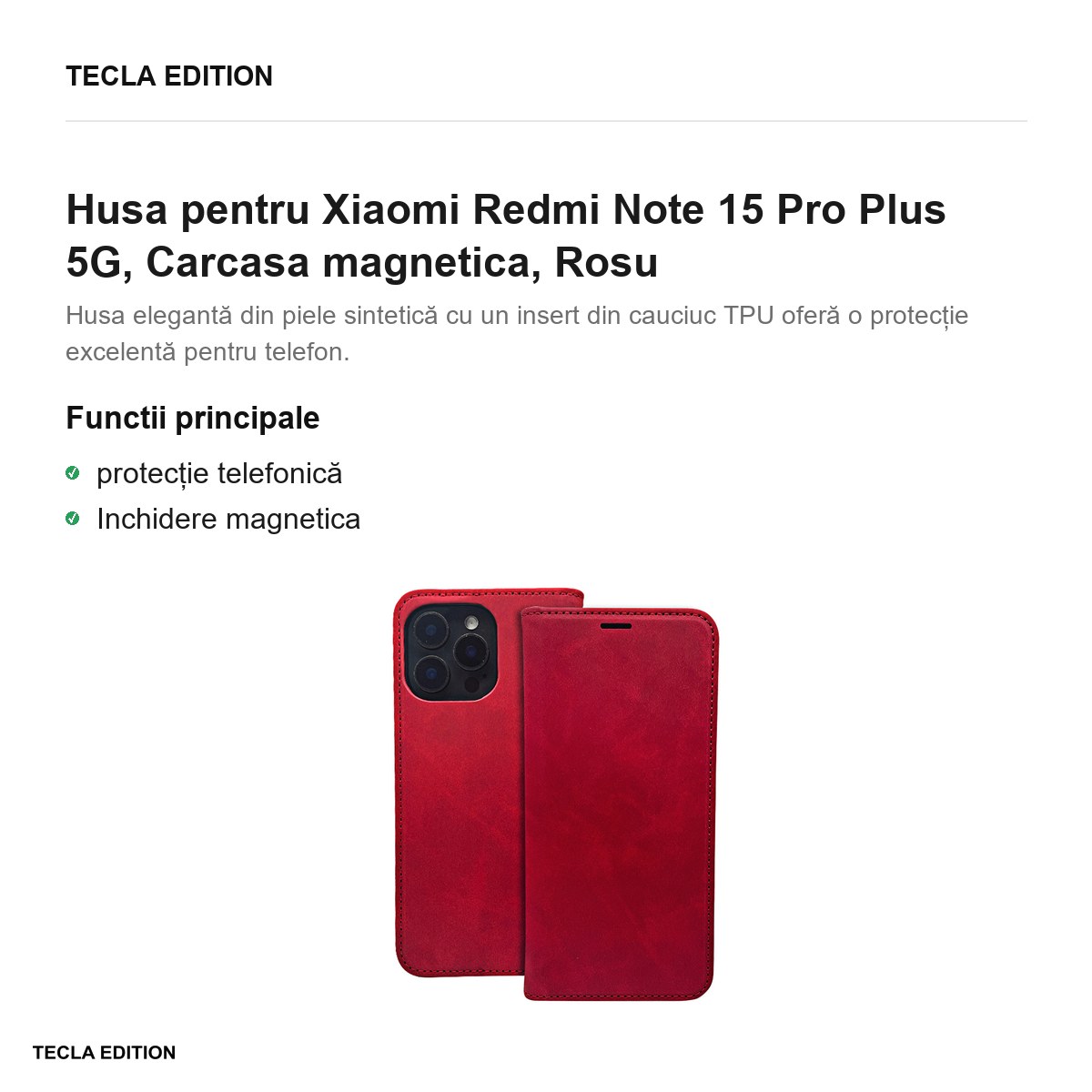 Husa Smart Suede pentru Xiaomi Redmi Note 15 Pro Plus 5G, tip carte cu inchidere magnetica, Rosu [2]