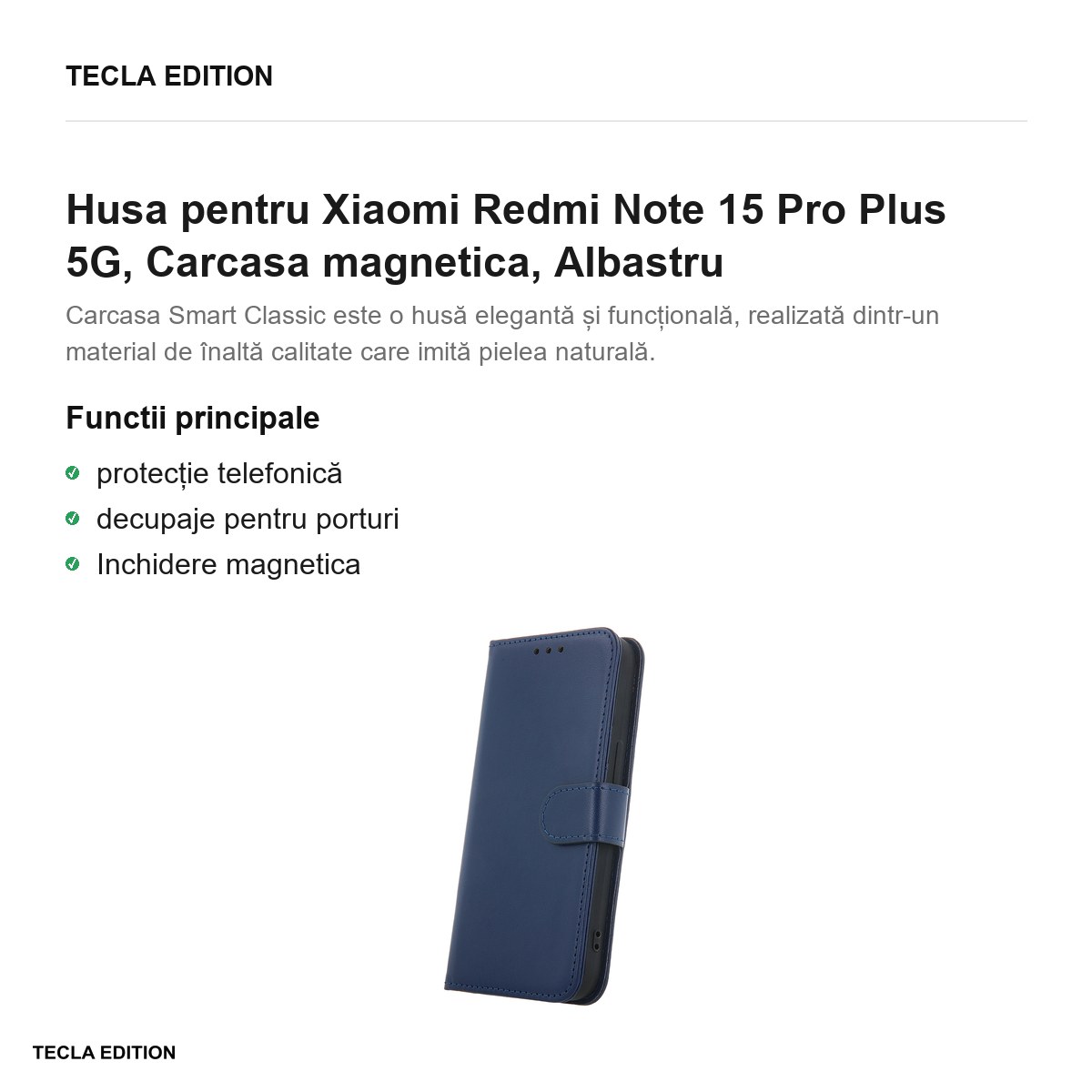 Husa Smart Classic pentru Xiaomi Redmi Note 15 Pro Plus 5G, tip carte cu inchidere magnetica, Albastru [2]