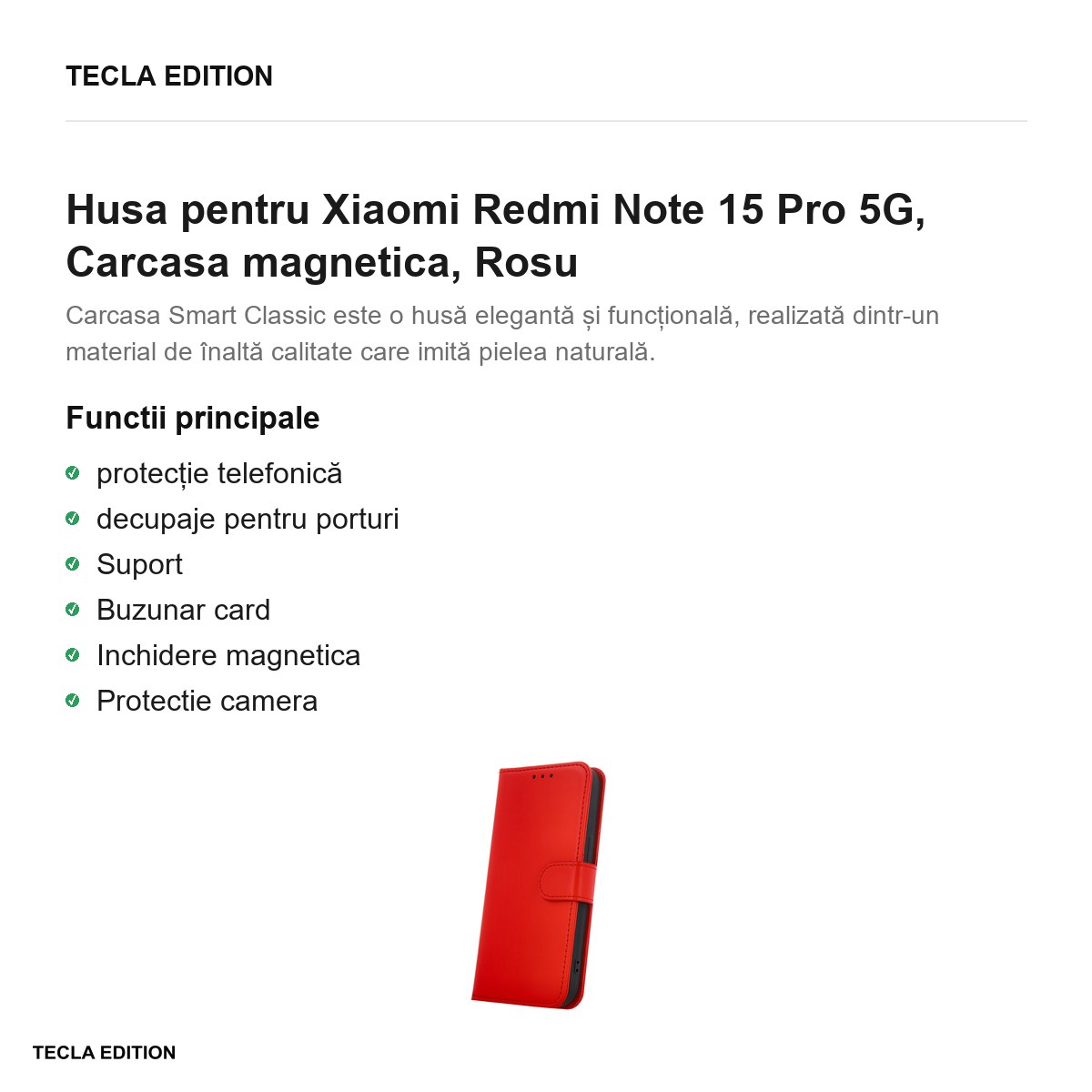 Husa Smart Classic pentru Xiaomi Redmi Note 15 Pro 5G, tip carte cu inchidere magnetica, Rosu [2]
