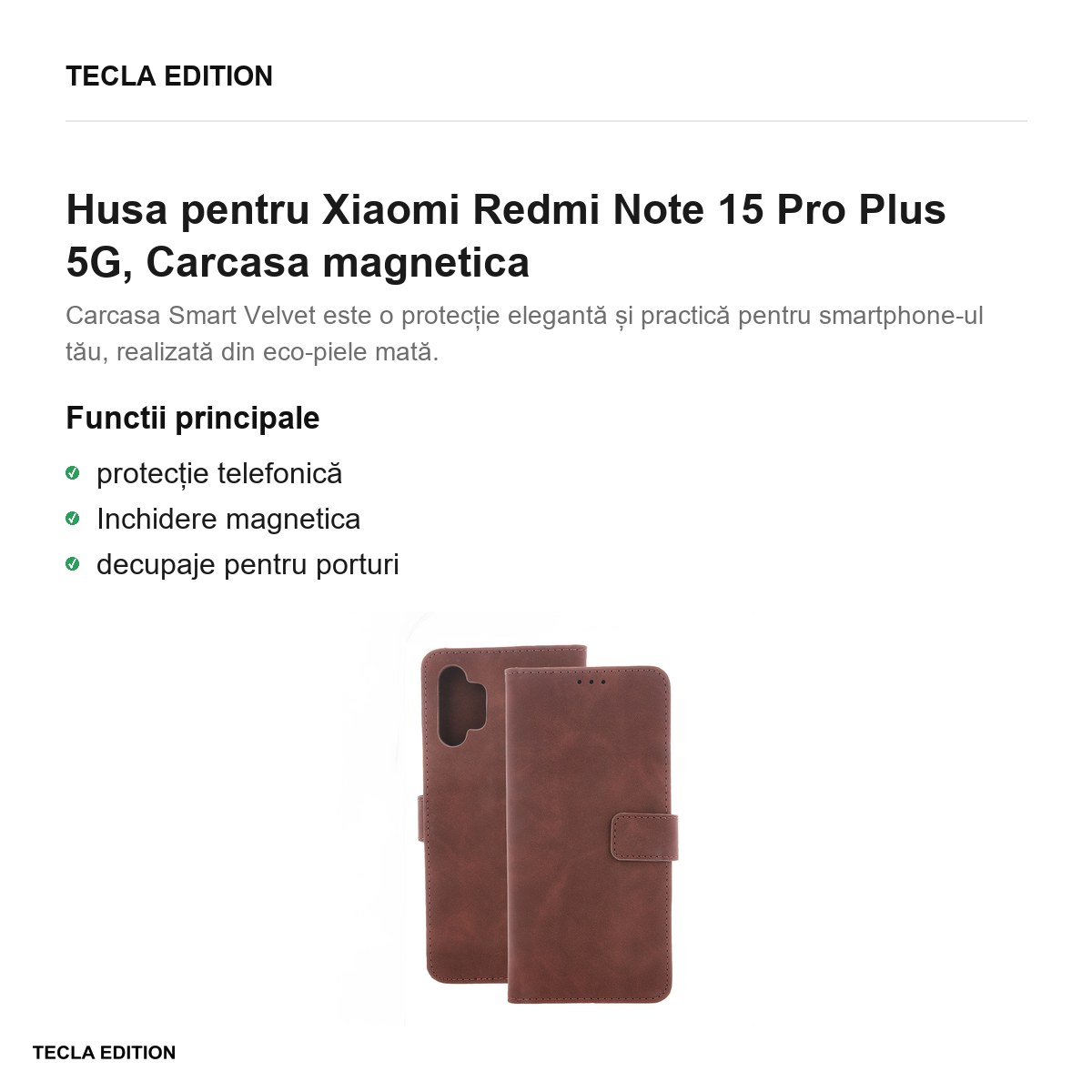 Husa Smart Velvet pentru Xiaomi Redmi Note 15 Pro Plus 5G, tip carte cu inchidere magnetica, Maro [2]