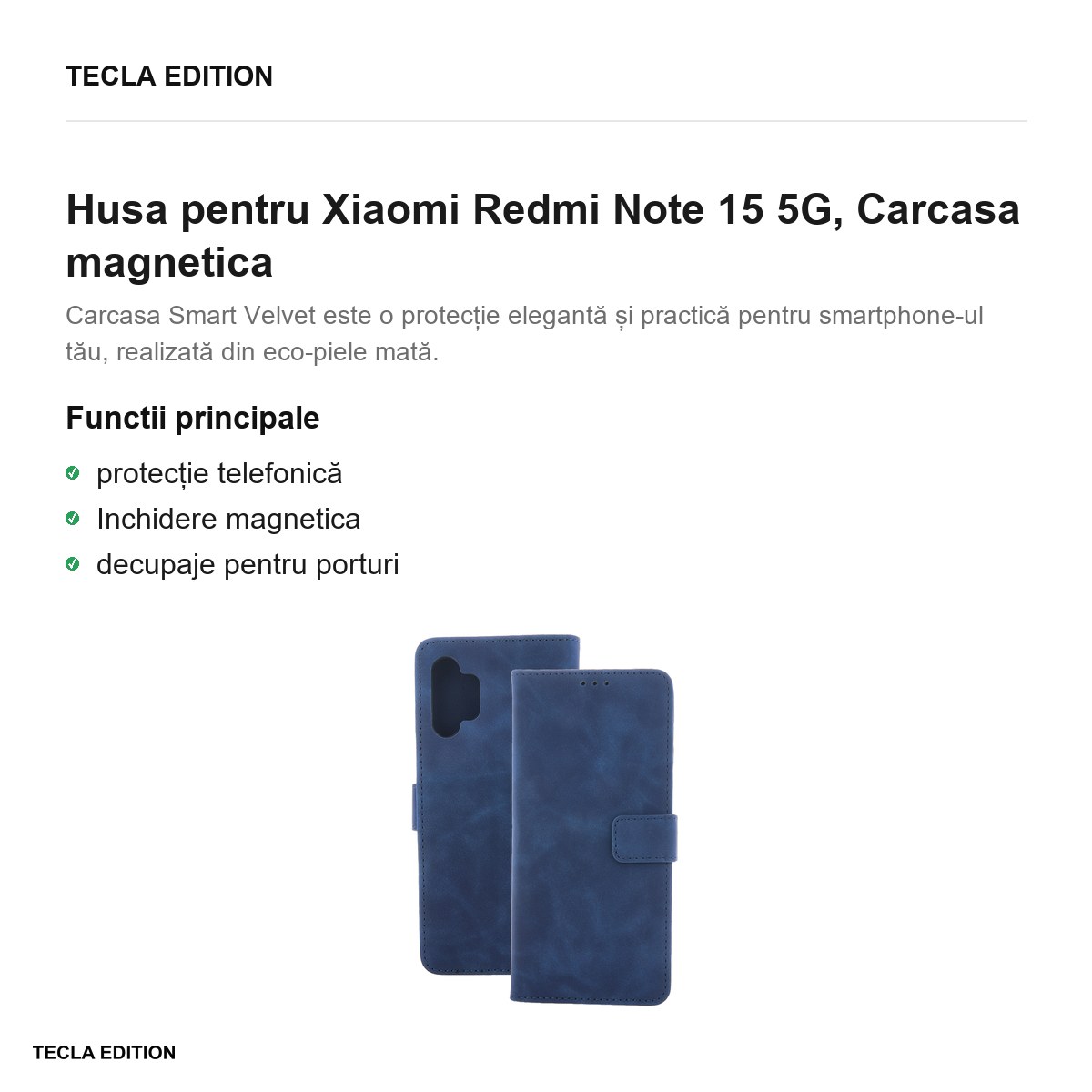 Husa Smart Velvet pentru Xiaomi Redmi Note 15 5G, tip carte cu inchidere magnetica, Albastru [2]