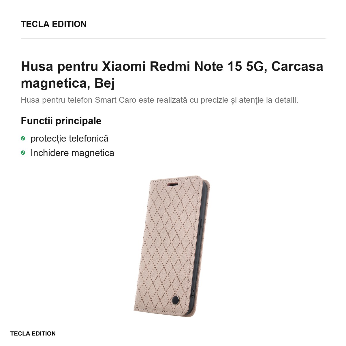 Husa Smart Caro pentru Xiaomi Redmi Note 15 5G, tip carte cu inchidere magnetica, Bej [2]