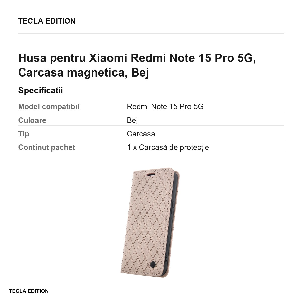 Husa Smart Caro pentru Xiaomi Redmi Note 15 Pro 5G, tip carte cu inchidere magnetica, Bej [3]