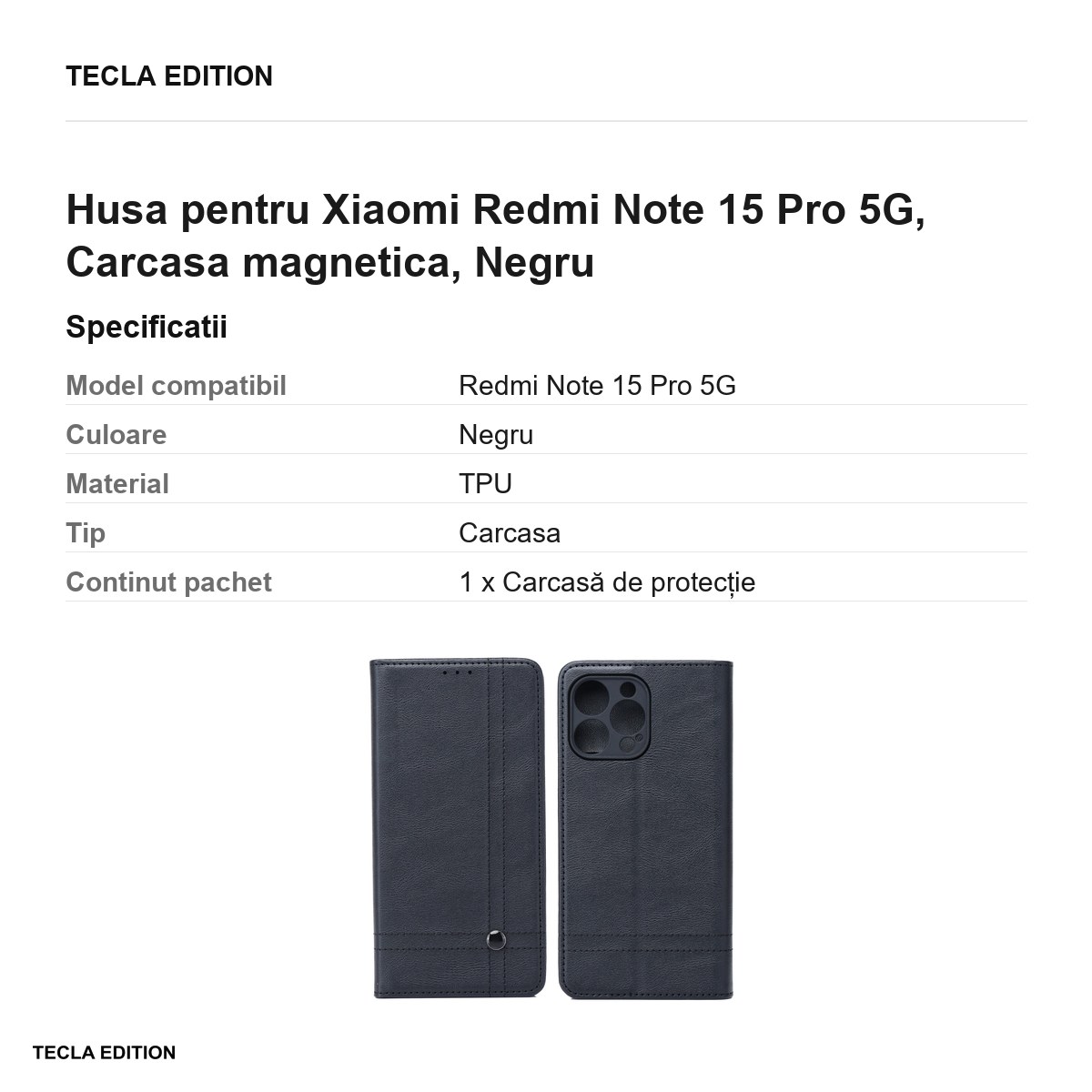 Husa Smart Seam pentru Xiaomi Redmi Note 15 Pro 5G, tip carte cu inchidere magnetica, Negru [3]