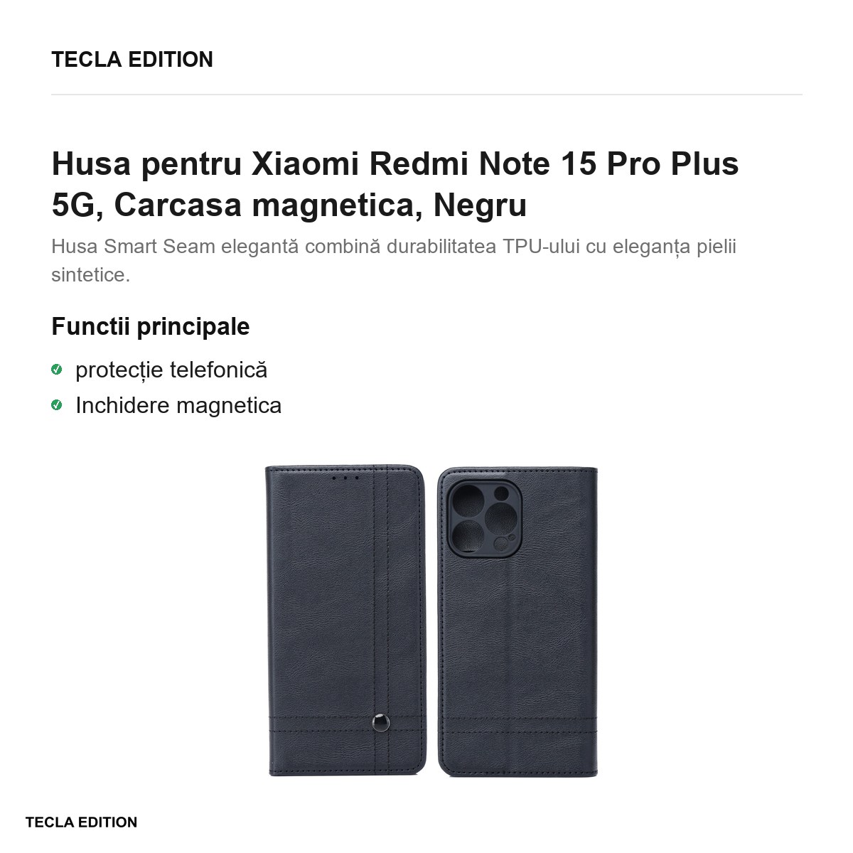 Husa Smart Seam pentru Xiaomi Redmi Note 15 Pro Plus 5G, tip carte cu inchidere magnetica, Negru [2]