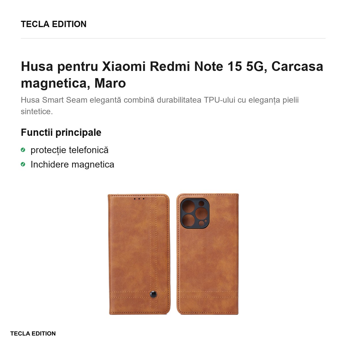 Husa Smart Seam pentru Xiaomi Redmi Note 15 5G, tip carte cu inchidere magnetica, Maro [2]