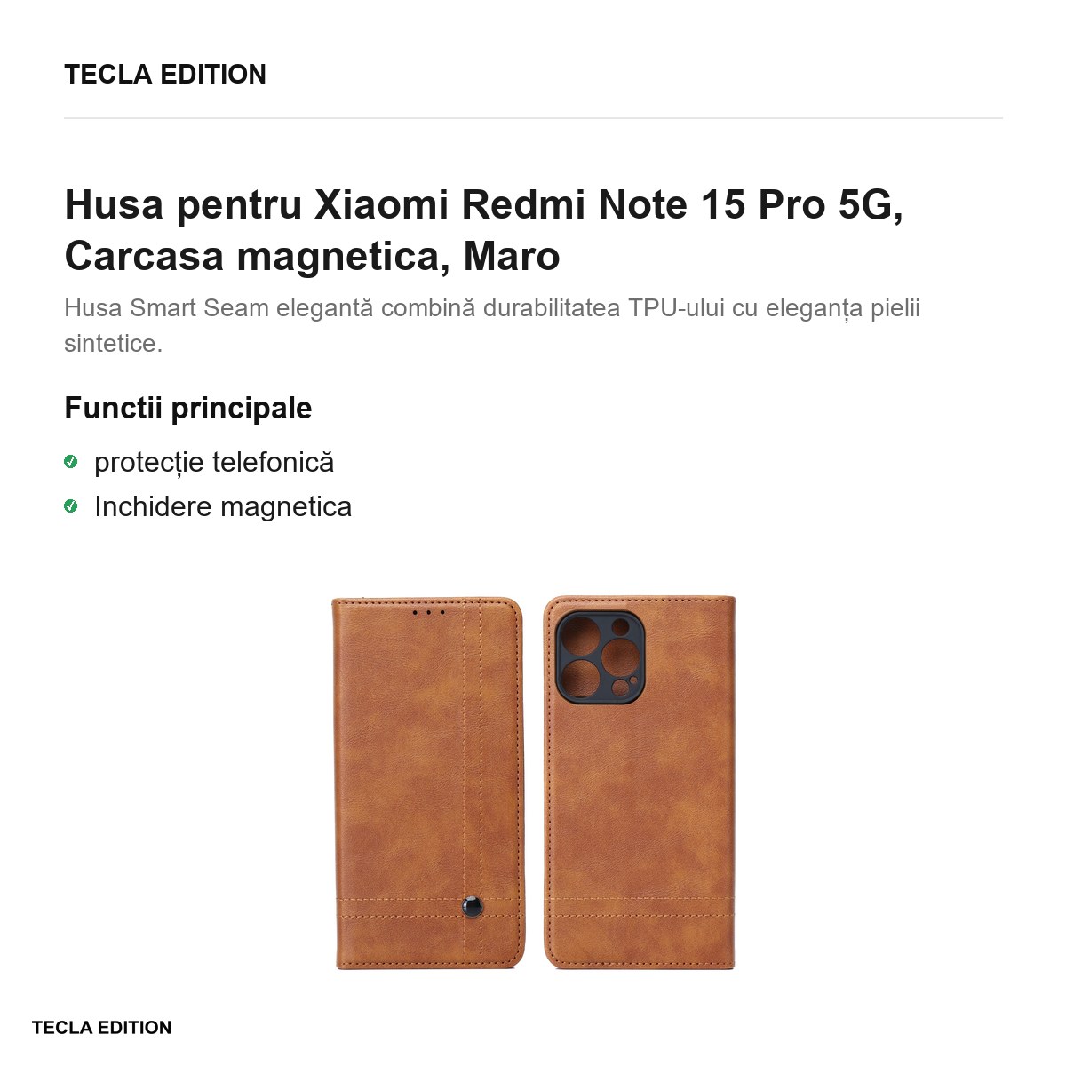 Husa Smart Seam pentru Xiaomi Redmi Note 15 Pro 5G, tip carte cu inchidere magnetica, Maro [2]