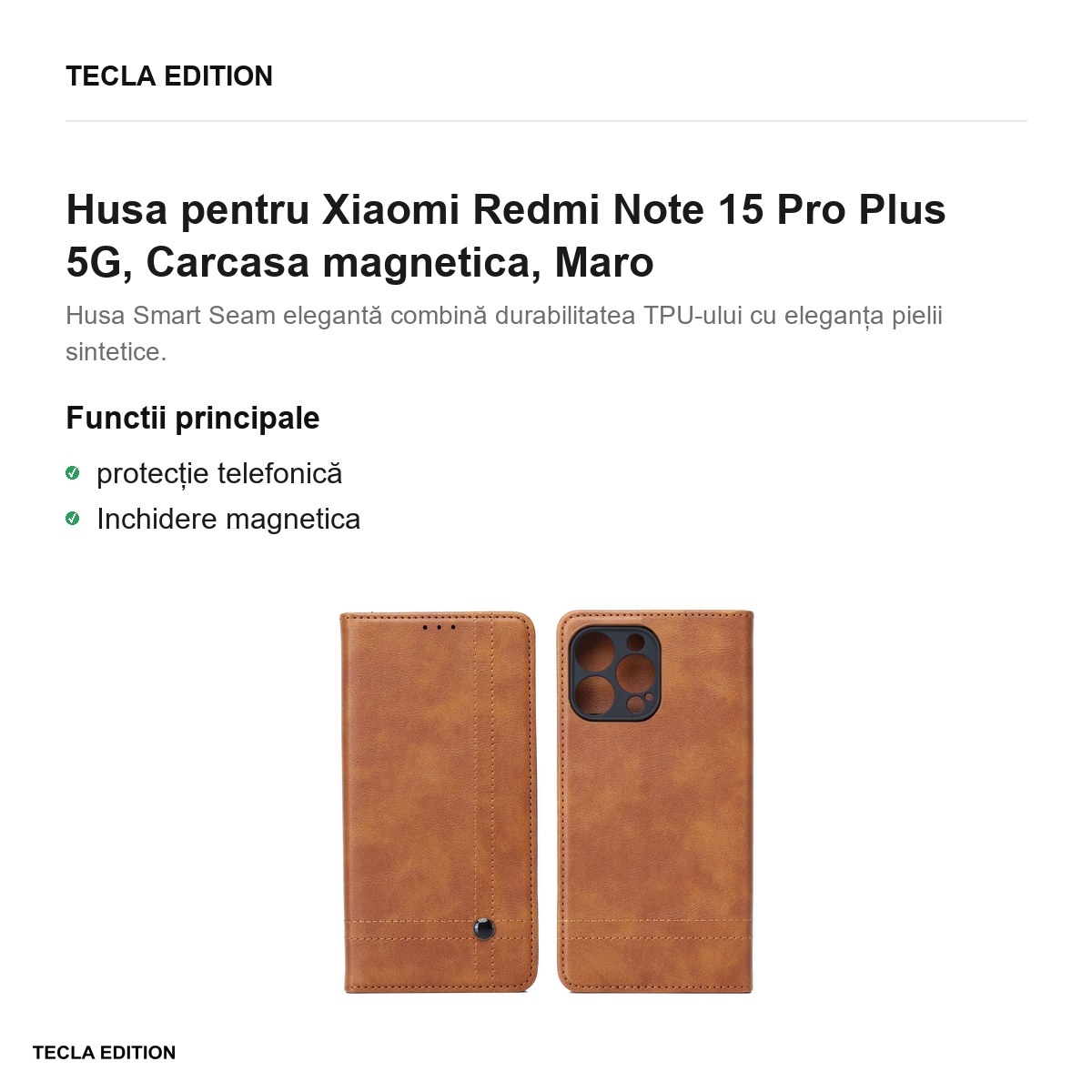 Husa Smart Seam pentru Xiaomi Redmi Note 15 Pro Plus 5G, tip carte cu inchidere magnetica, Maro [2]