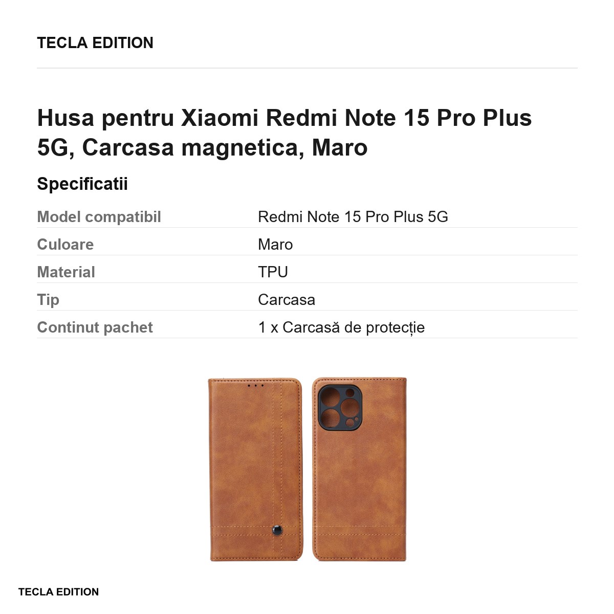 Husa Smart Seam pentru Xiaomi Redmi Note 15 Pro Plus 5G, tip carte cu inchidere magnetica, Maro [3]