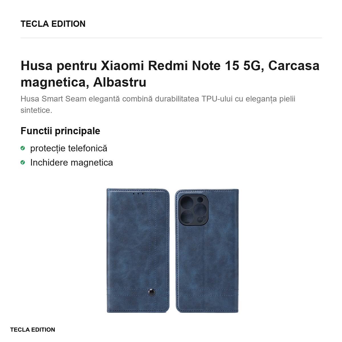 Husa Smart Seam pentru Xiaomi Redmi Note 15 5G, tip carte cu inchidere magnetica, Albastru [2]