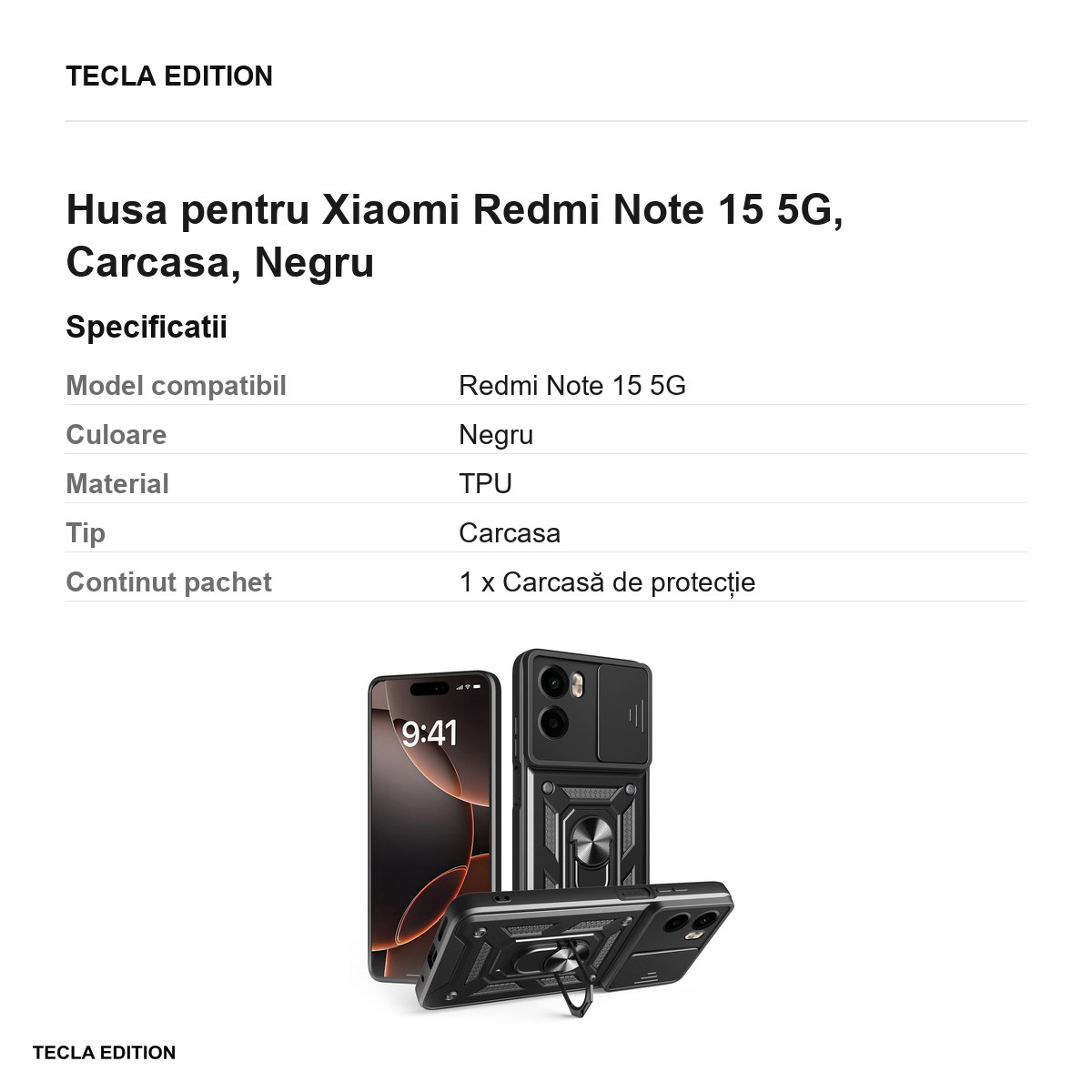 Husa Defender Slide pentru Xiaomi Redmi Note 15 5G, Carcasa, Negru [3]