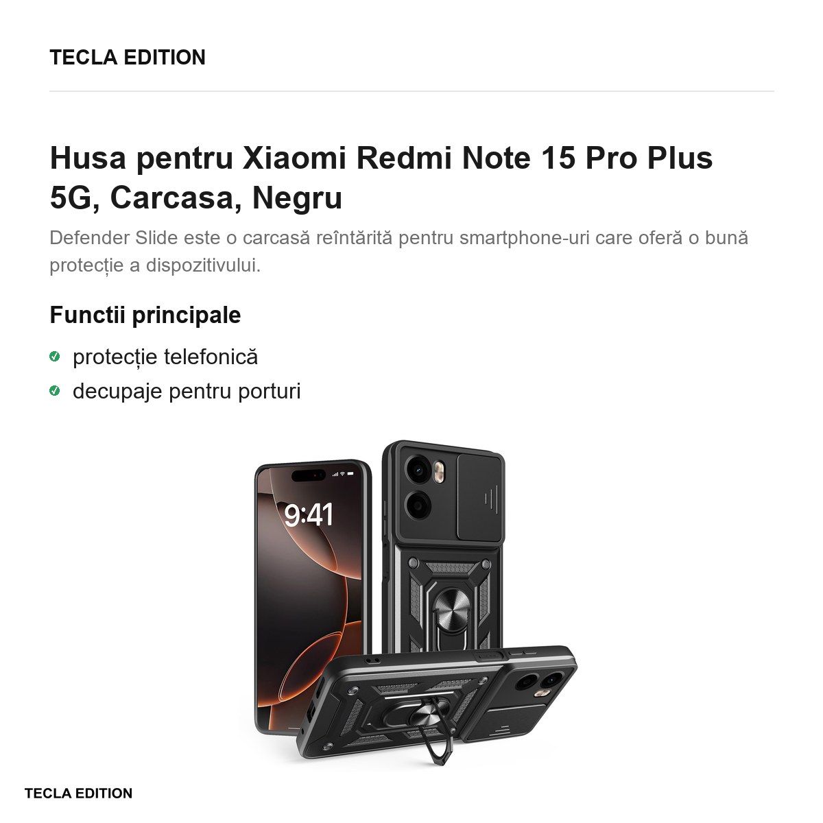 Husa Defender Slide pentru Xiaomi Redmi Note 15 Pro Plus 5G, Carcasa, Negru [2]