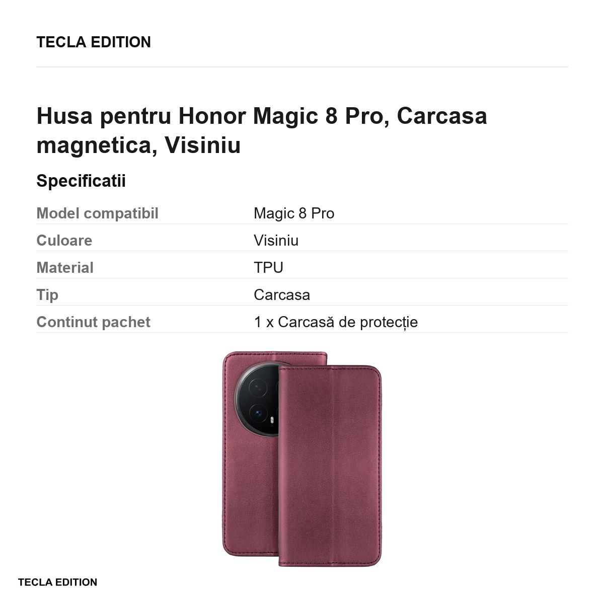 Husa Smart Magnetic pentru Honor Magic 8 Pro, tip carte cu inchidere magnetica, Visiniu [3]