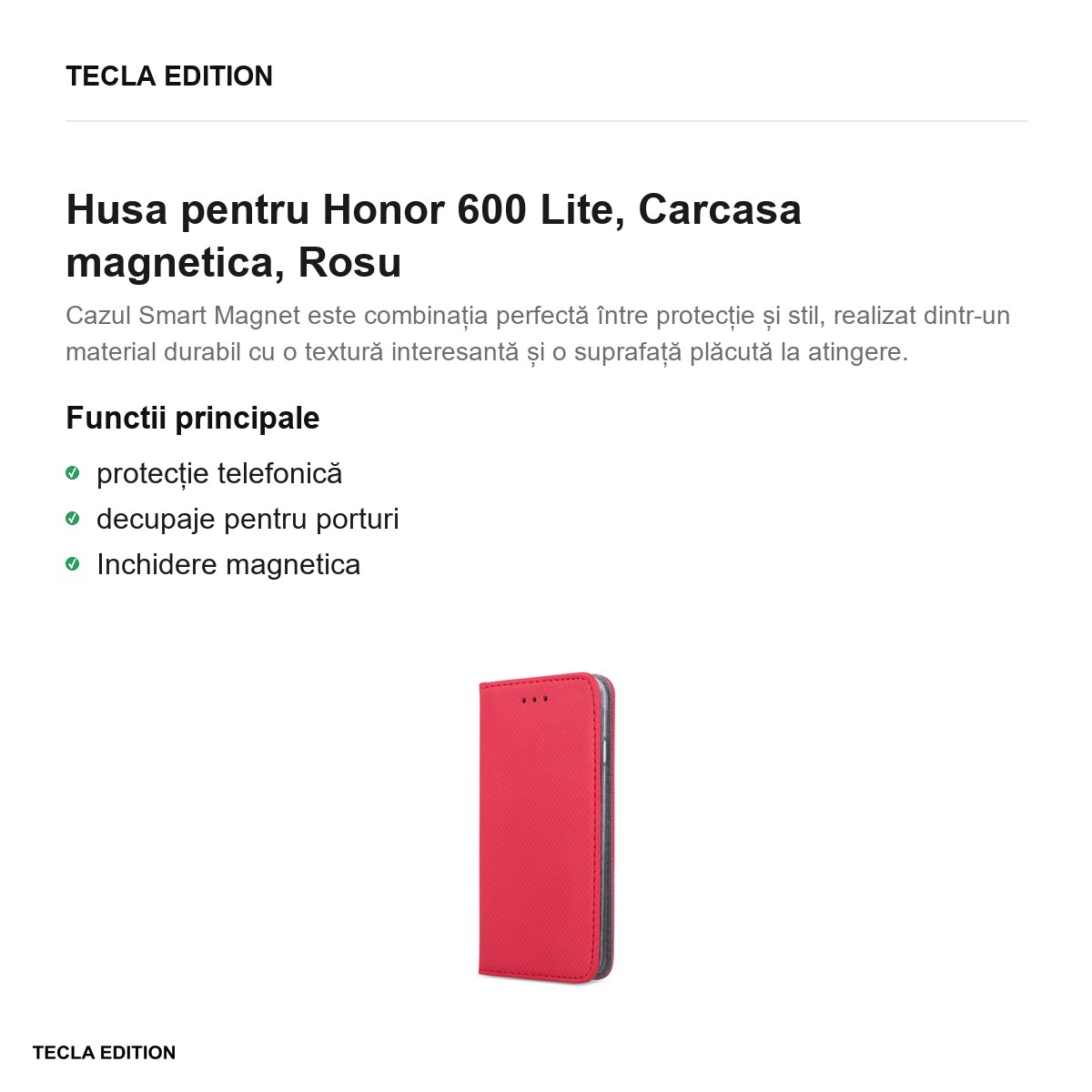 Husa Smart Magnet pentru Honor 600 Lite, tip carte cu inchidere magnetica, Rosu [2]