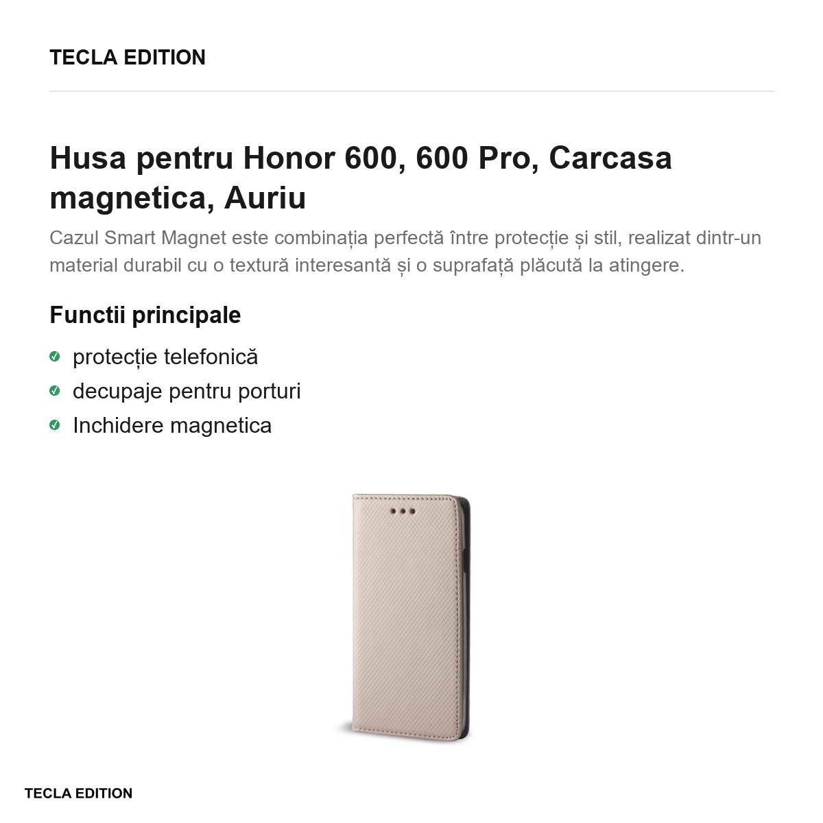Husa Smart Magnet pentru Honor 600, 600 Pro, tip carte cu inchidere magnetica, Auriu [2]