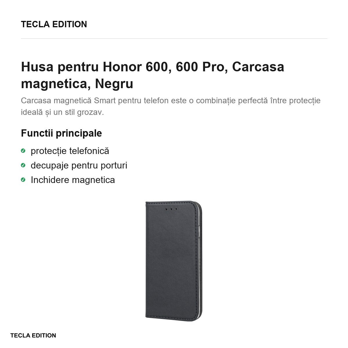 Husa Smart Magnetic pentru Honor 600, 600 Pro, tip carte cu inchidere magnetica, Negru [2]