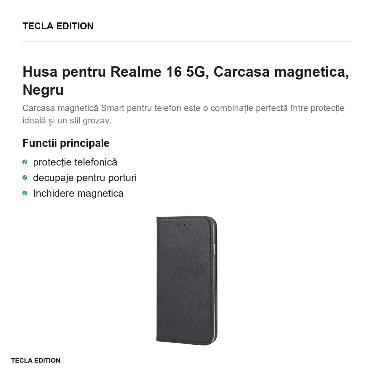 Husa Smart Magnetic pentru Realme 16 5G, tip carte cu inchidere magnetica, Negru [2]