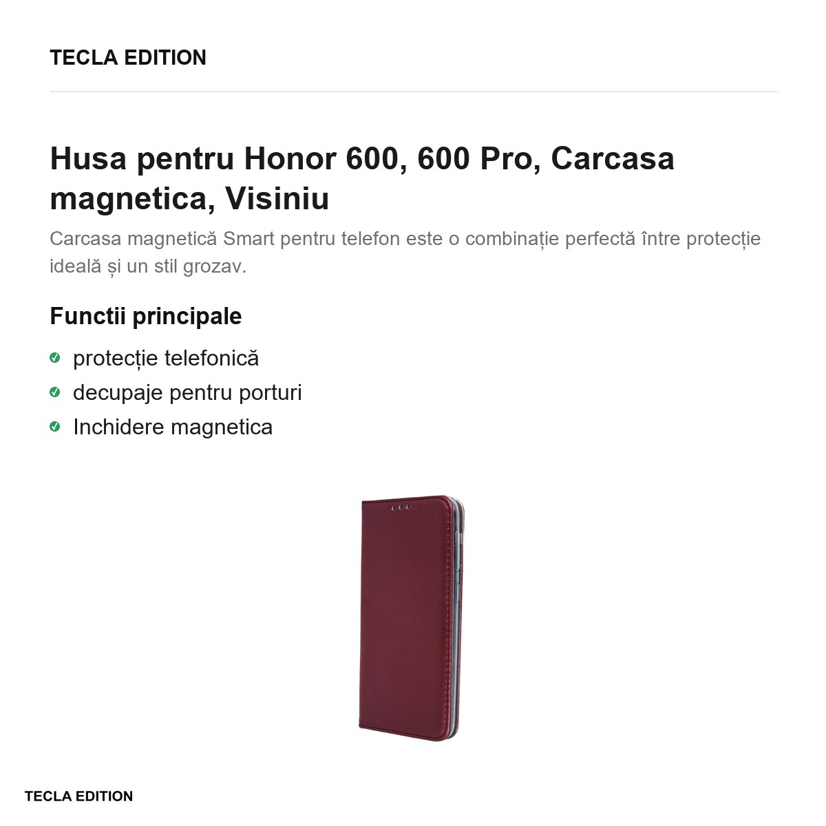 Husa Smart Magnetic pentru Honor 600, 600 Pro, tip carte cu inchidere magnetica, Visiniu [2]