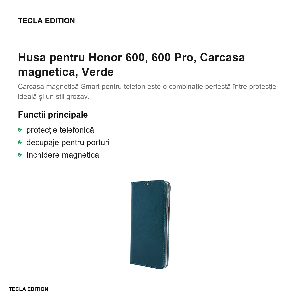 Husa Smart Magnetic pentru Honor 600, 600 Pro, tip carte cu inchidere magnetica, Verde [2]