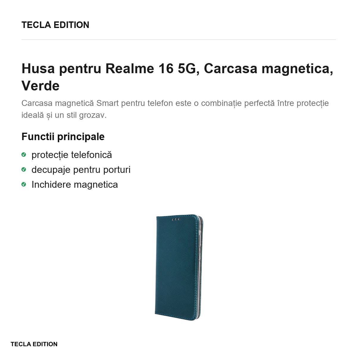 Husa Smart Magnetic pentru Realme 16 5G, tip carte cu inchidere magnetica, Verde [2]