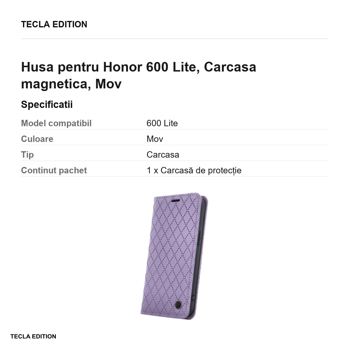 Husa Smart Caro pentru Honor 600 Lite, tip carte cu inchidere magnetica, Mov [3]