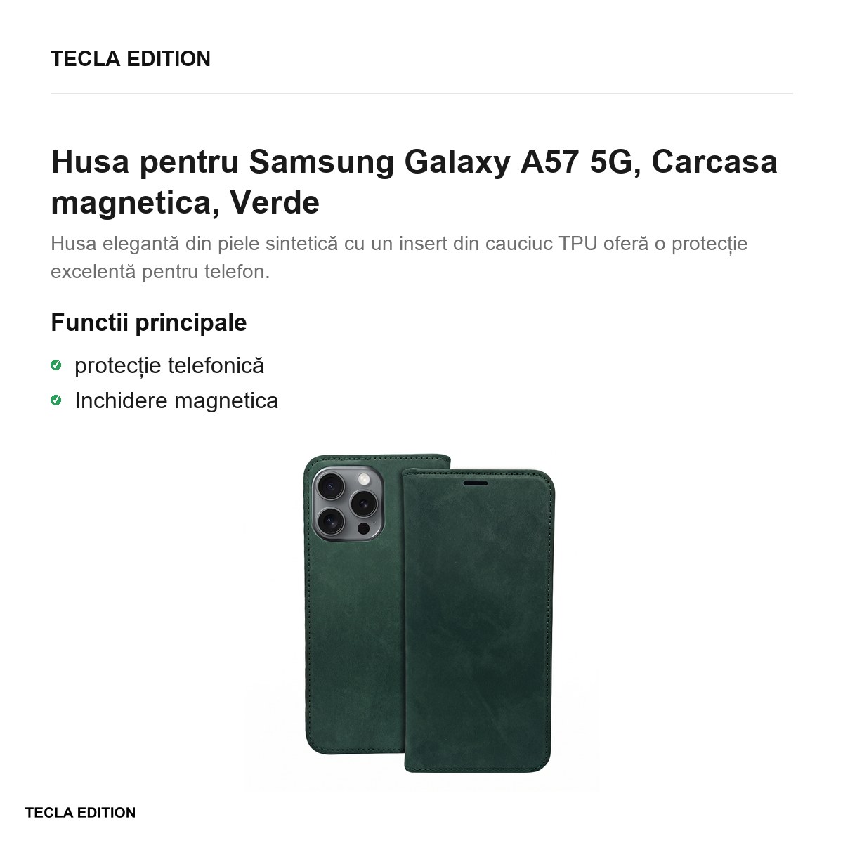 Husa Smart Suede pentru Samsung Galaxy A57 5G, tip carte cu inchidere magnetica, Verde [2]